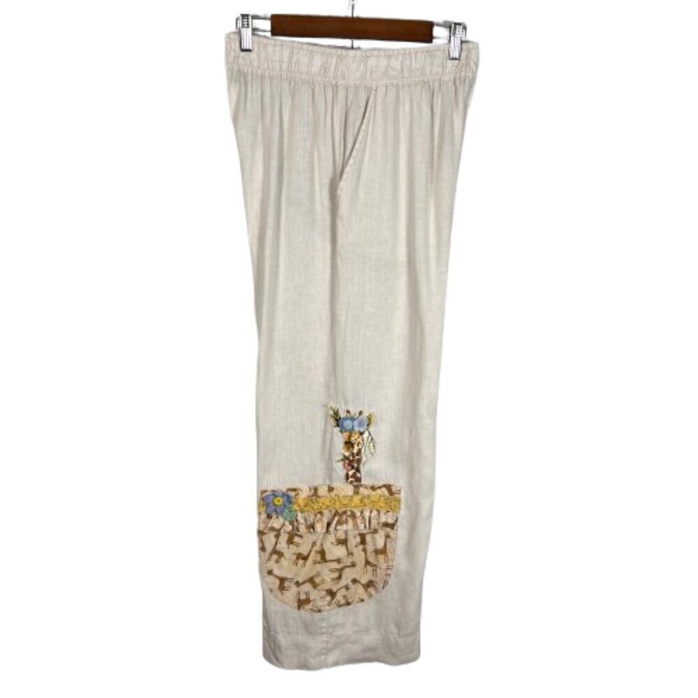 Tahari Womens 100% Linen Pull On Pants Sz M Giraffe Print 3D Floral Artsy Casual