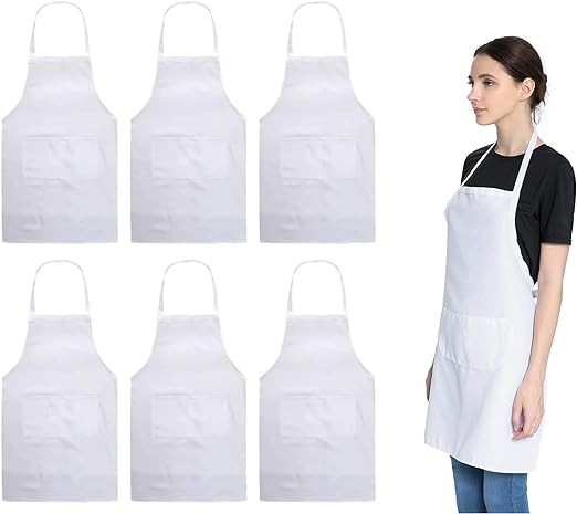 White Cooking Aprons with Pocket for Man and Women Cotton 6 Pack