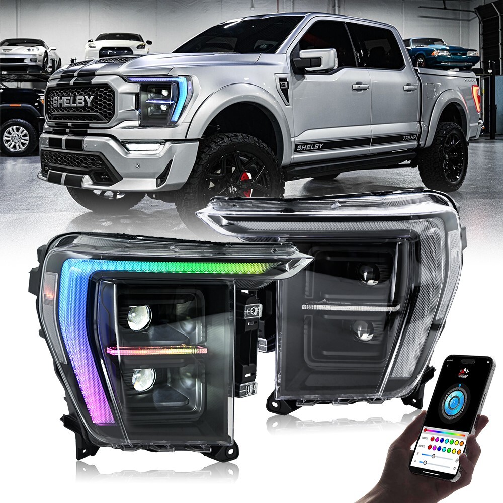 Left + Right LED DRL Headlights Assemly For 2021-2024 Ford F-150 RGB Front Lamps