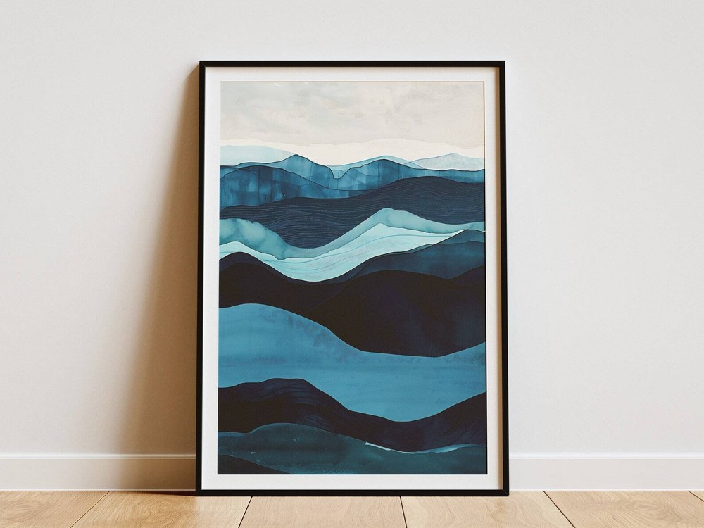 Abstract Ocean Waves Art Print Minimalist Wall Art Blue Mountain Poster Modern