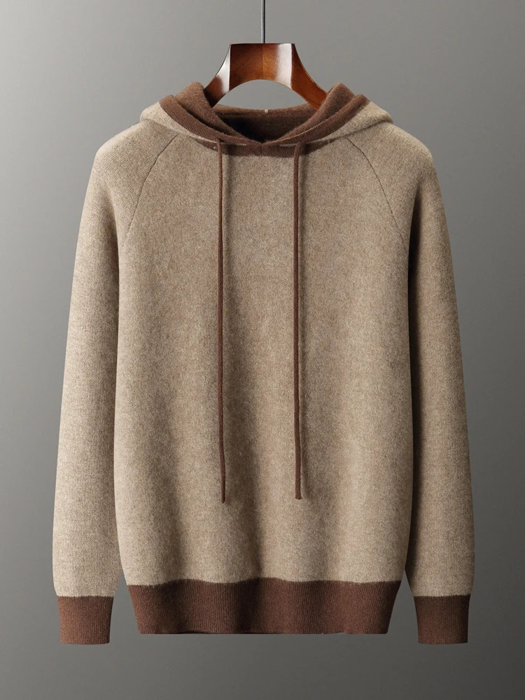 Autumn Winter Men's Sweater Cashmere Thick Contrast Hooded Pullover Soft Casual