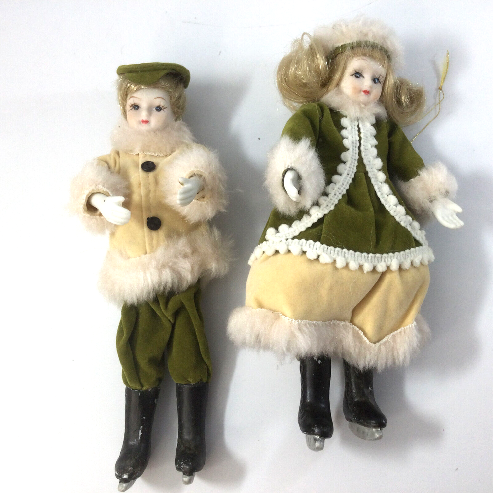 Vintage Hanging Ornaments Porcelain Skating Dolls Boy Girl Children