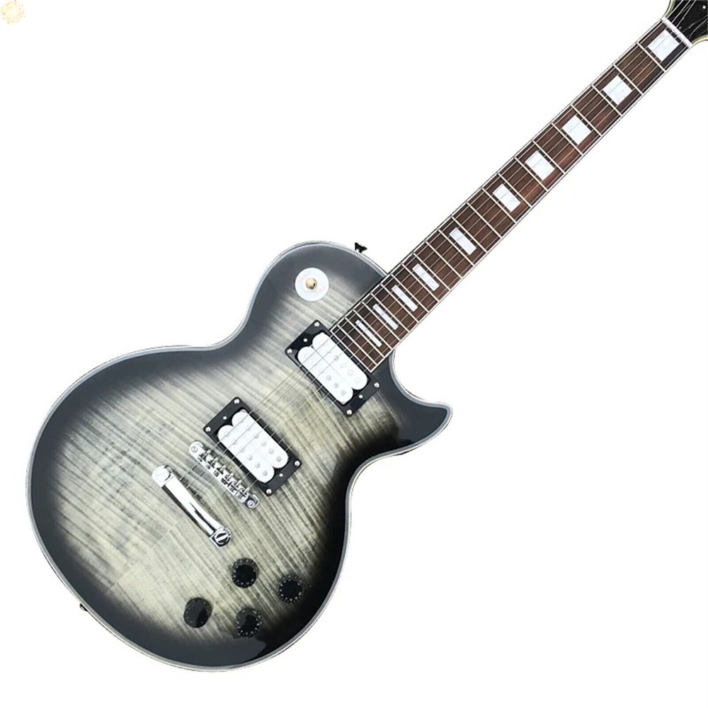 Custom LP HH Pickups Flame Maple Top Grey Electric Guitar Chrome Hardware