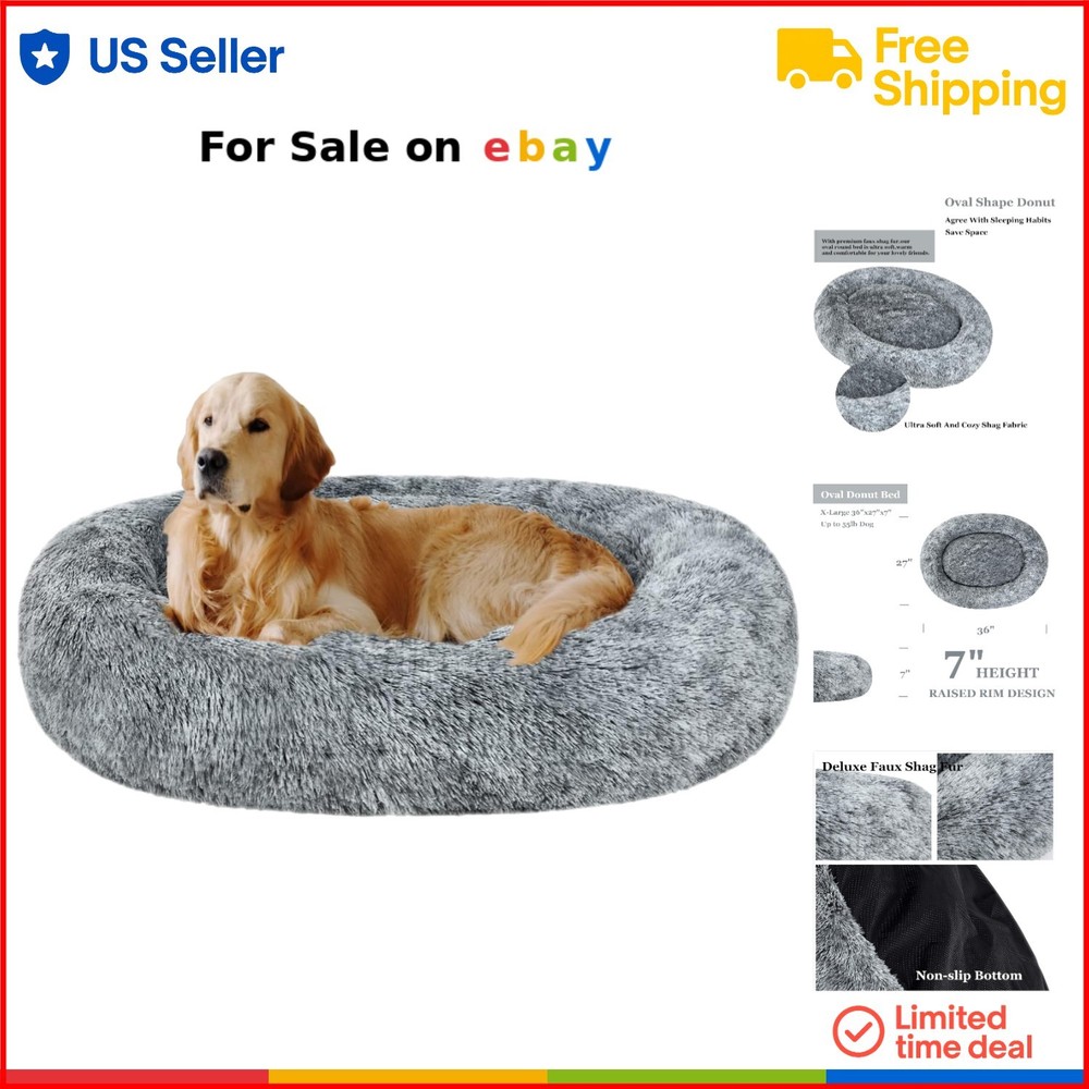 Oval Faux Fur Dog Bed Washable Calming Cuddler Pet Pillow 36x27