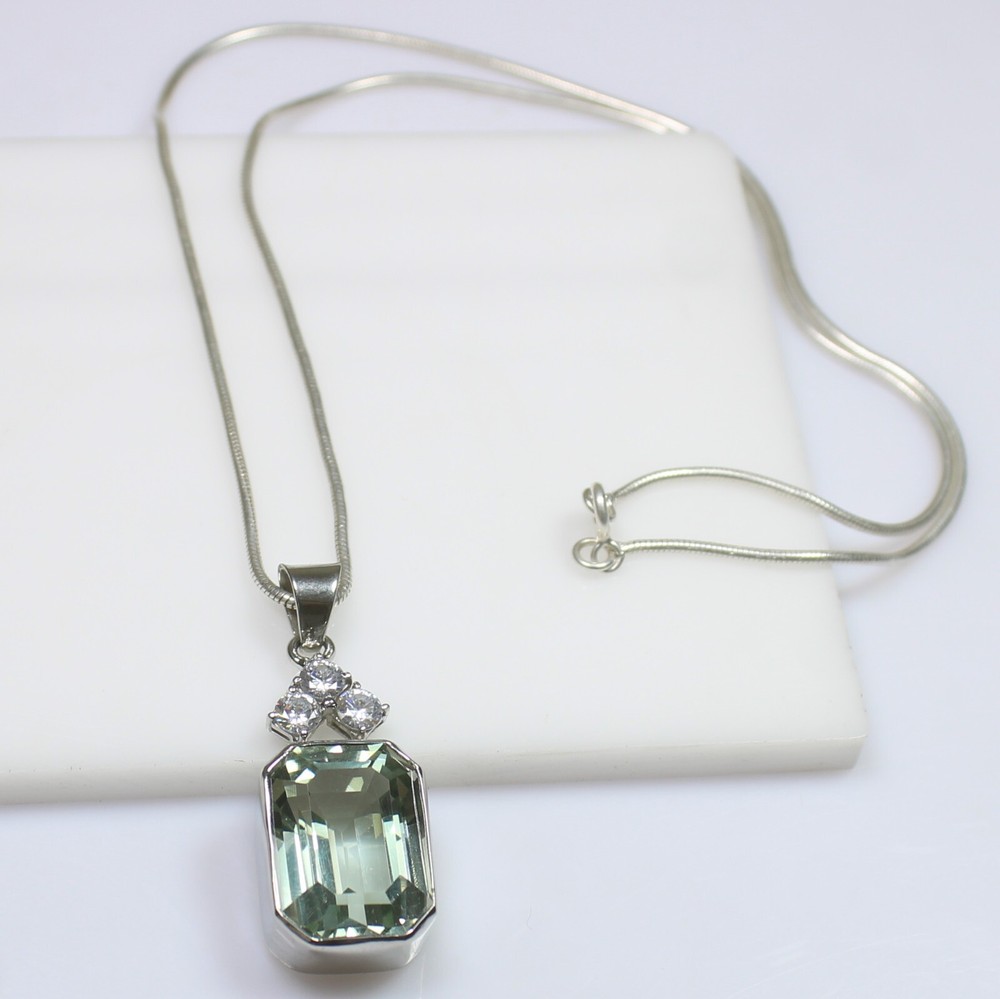 Natural Green Amethyst Pendant in 925 Sterling Silver with Snake Chain