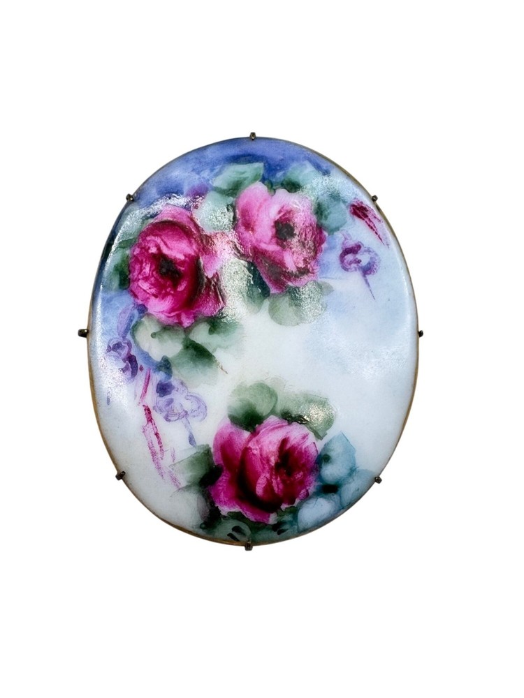 Unsigned Ceramic Brooch Hand Painted Roses Brass Victorian Antique