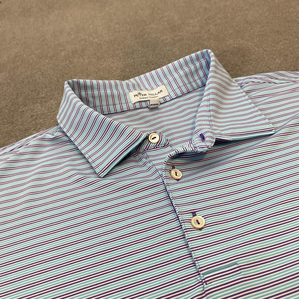 Peter Millar Polo Shirt Mens 2XL Blue Striped Summer Comfort Golf Top Stretch