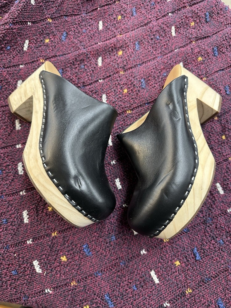 Nisolo Leather Closed Toe Slip On Wooden All Day Mule Heeled Clog Black Size 6.5