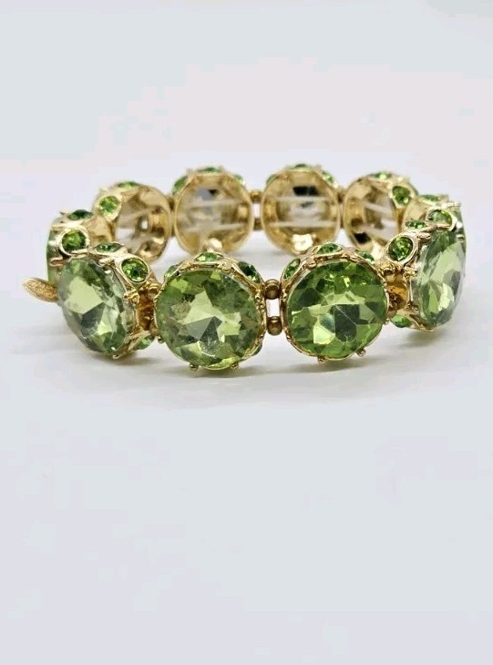 Kirks Folly Green Crystal Stretch Bracelet Gold tone