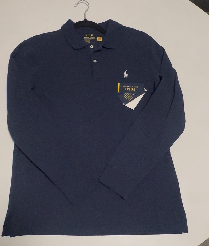 Polo Ralph Lauren Mens Medium Navy Long Sleeve Golf Polo Shirt Tailored Fit
