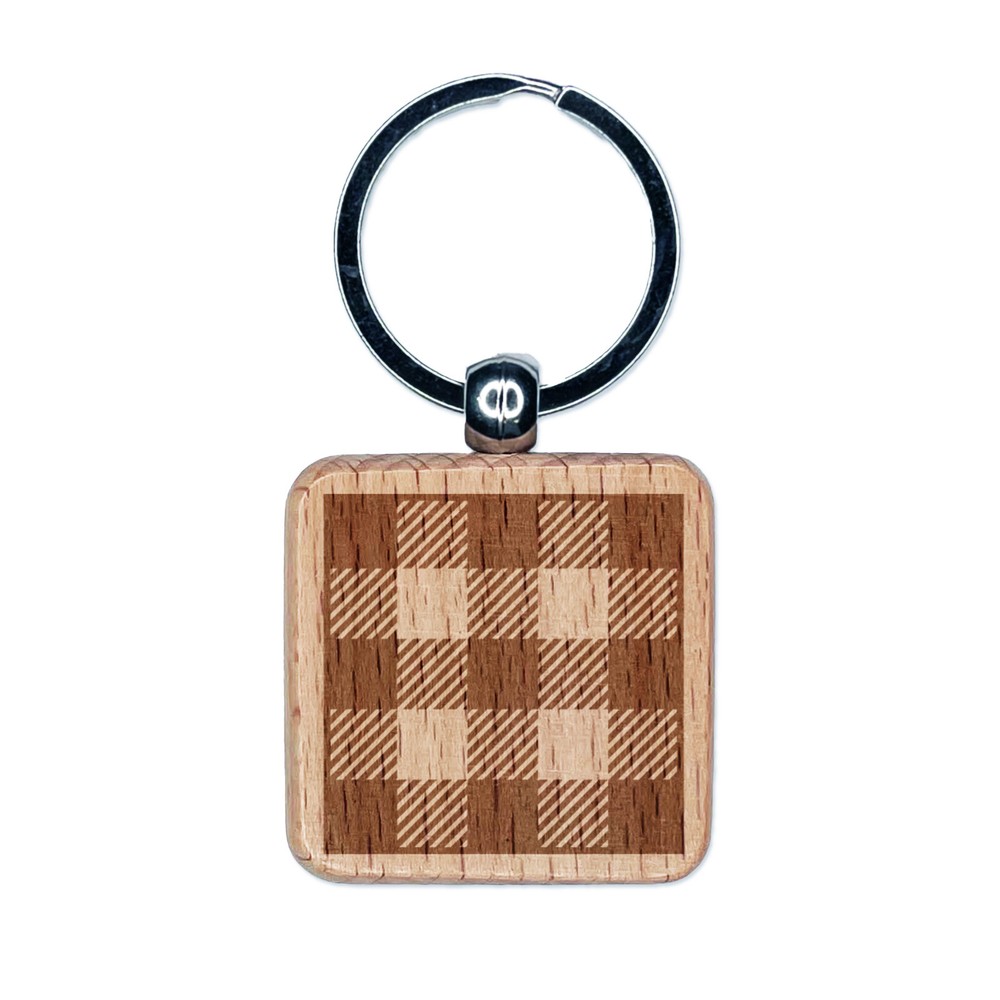 Buffalo Plaid Engraved Wood Square Keychain Charm with Block Pattern