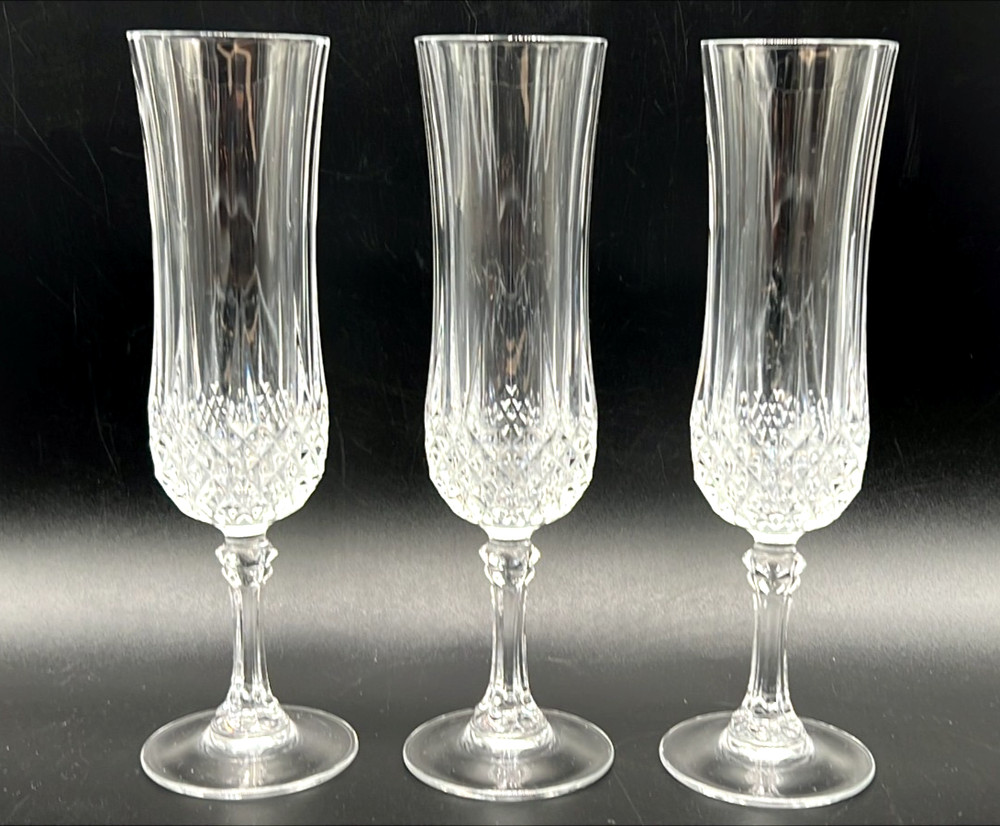 Set of 3 Cristal D’Arques Longchamp Champagne Flutes Crystal Glasses 8” France