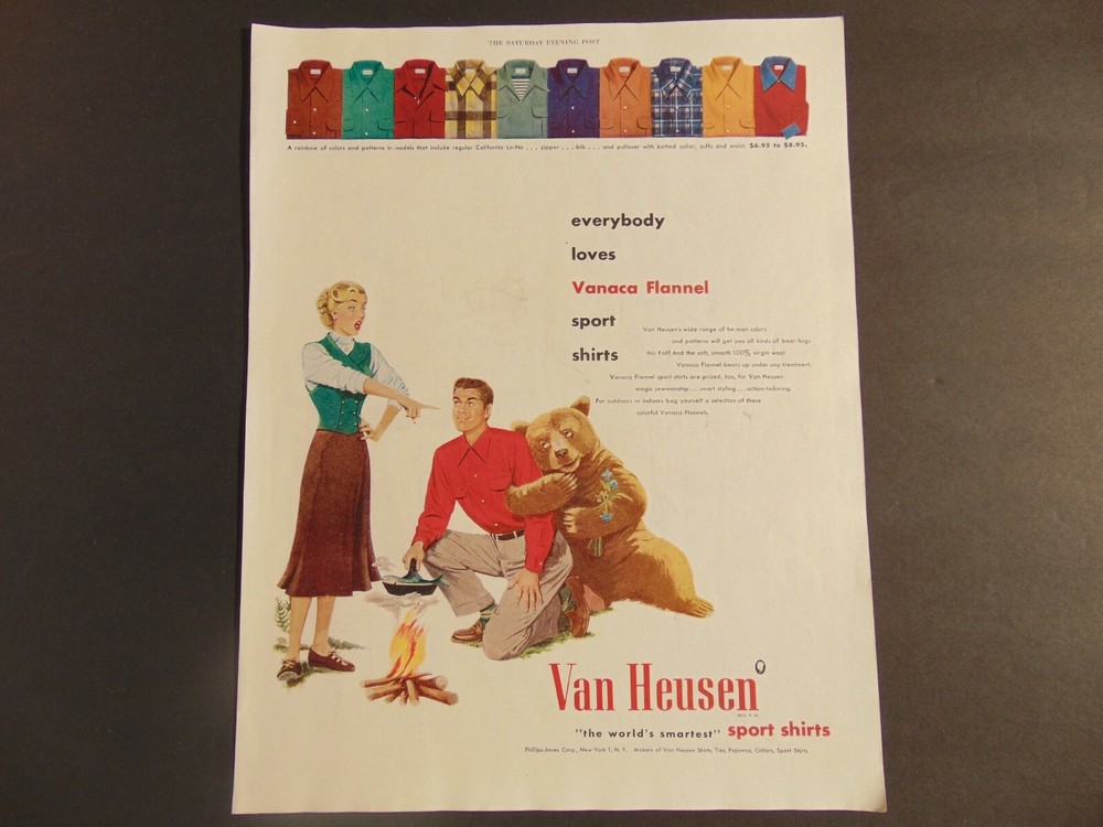 Vintage 1949 Van Heusen Flannel Shirt Ad with Camping Bear Art