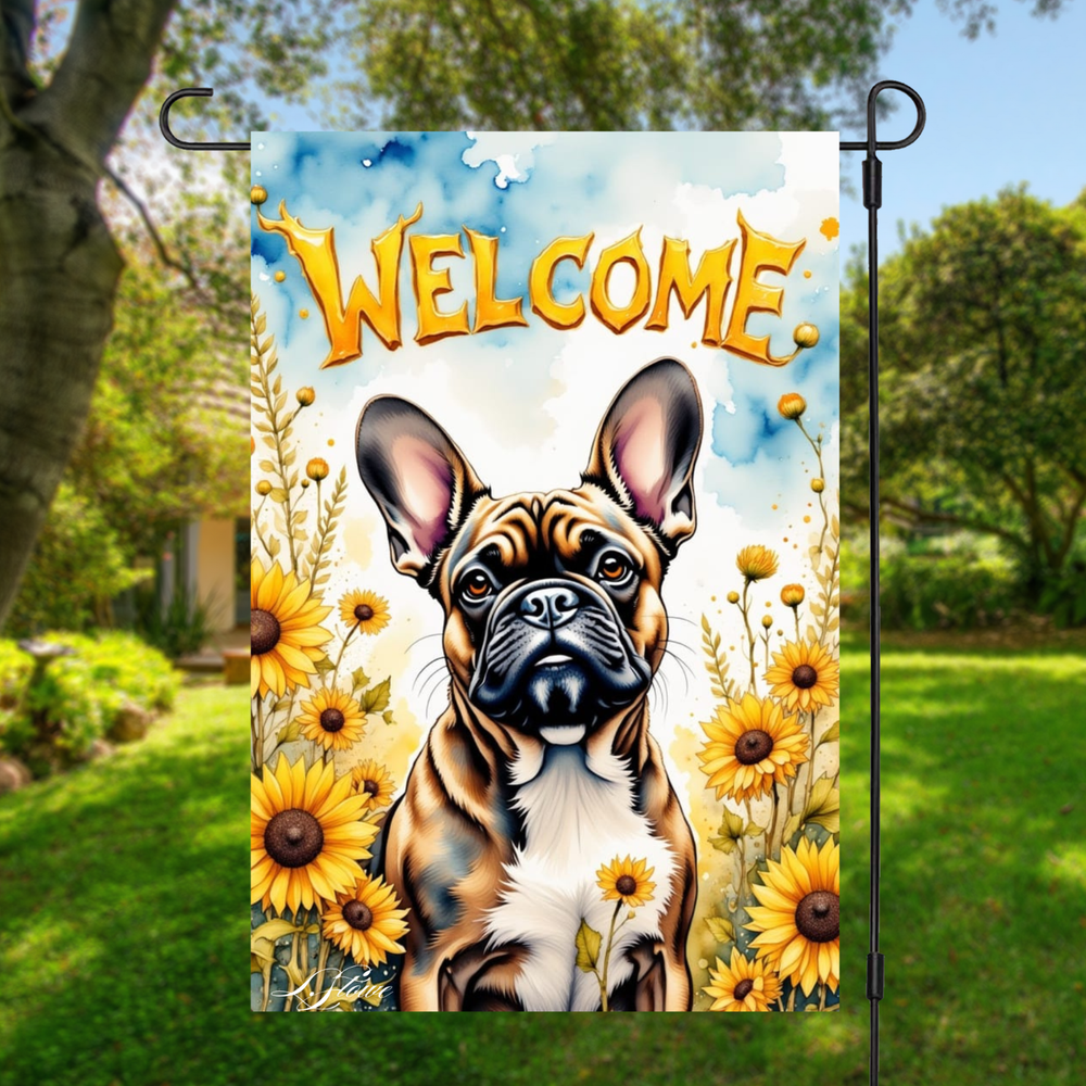 Brindle French Bulldog Sunflower Garden Flag Double Sided 12x18 Yard Decor