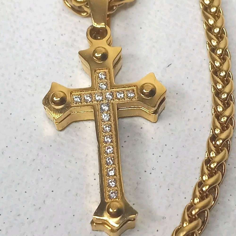 Stainless Steel Gold Cross Pendant Necklace Faux Diamonds & 24