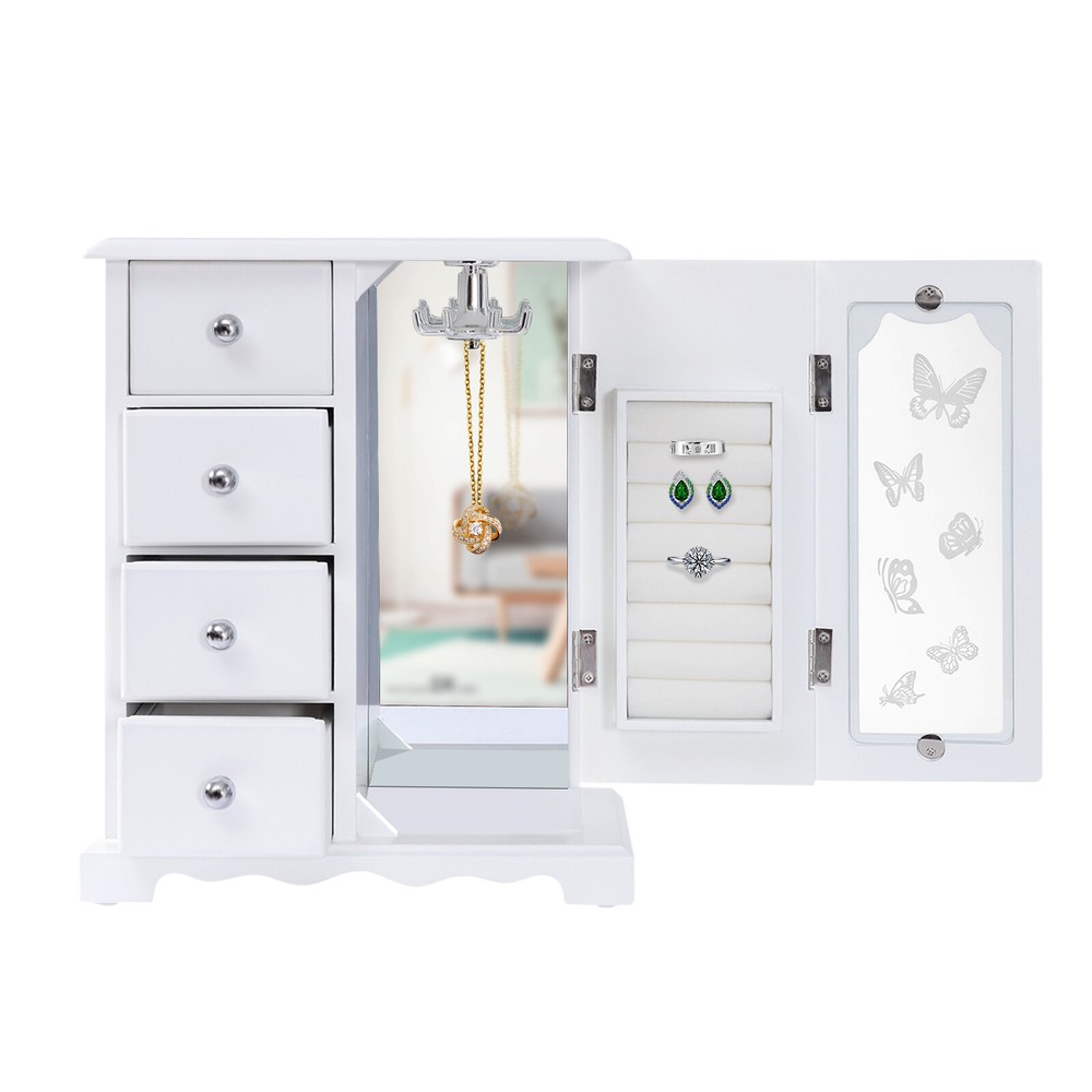 360° Rotatable Jewelry Box with Mirror 4 Drawers Modern Storage Organizer Hook