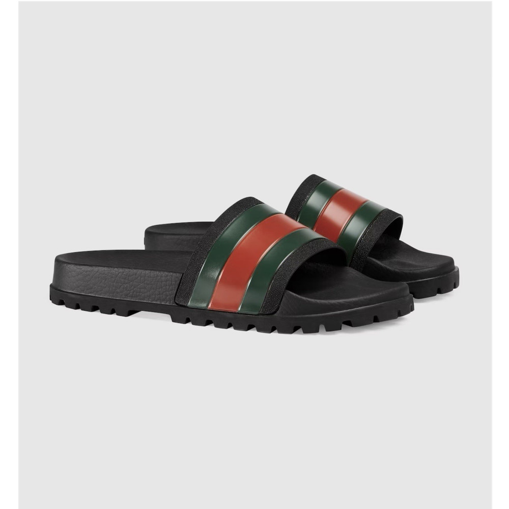 Gucci Men's Striped Slide Sandals Black Red Green Rubber US Size 14