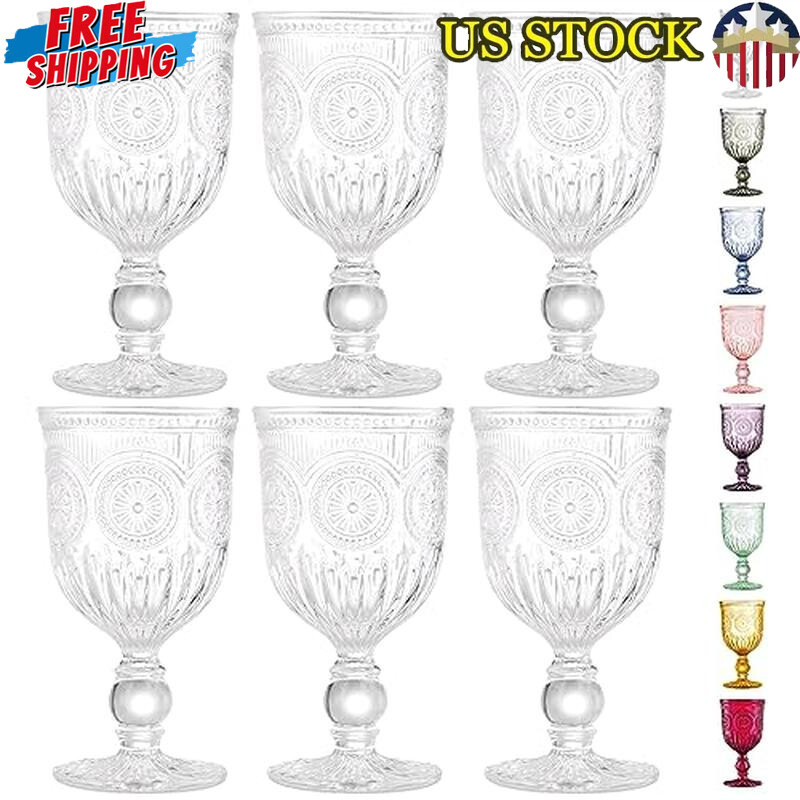 Vintage Handcrafted Clear Glass Wine Goblets Set of 6 Dishwasher Safe