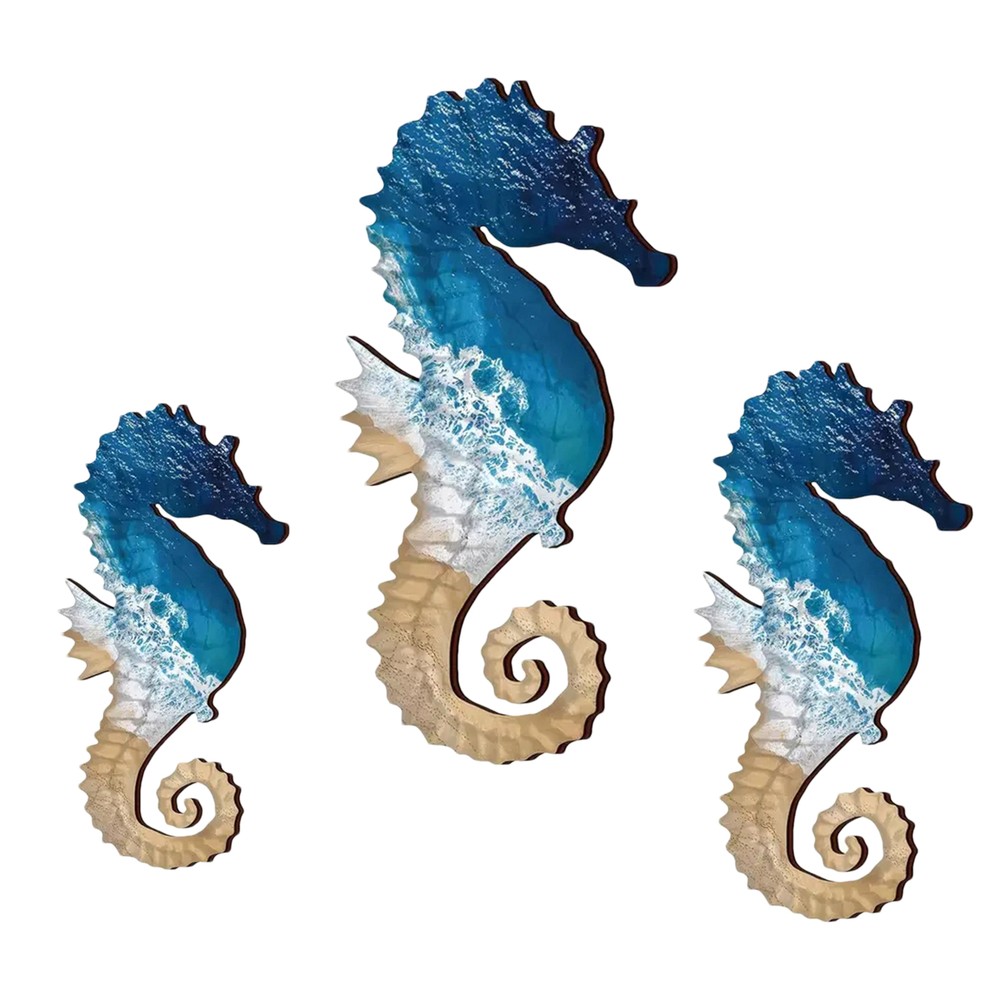 3Pcs Beach Wooden Wall Decor Ocean Sea Wall Decor Seahorse Flat Sign Seahorse