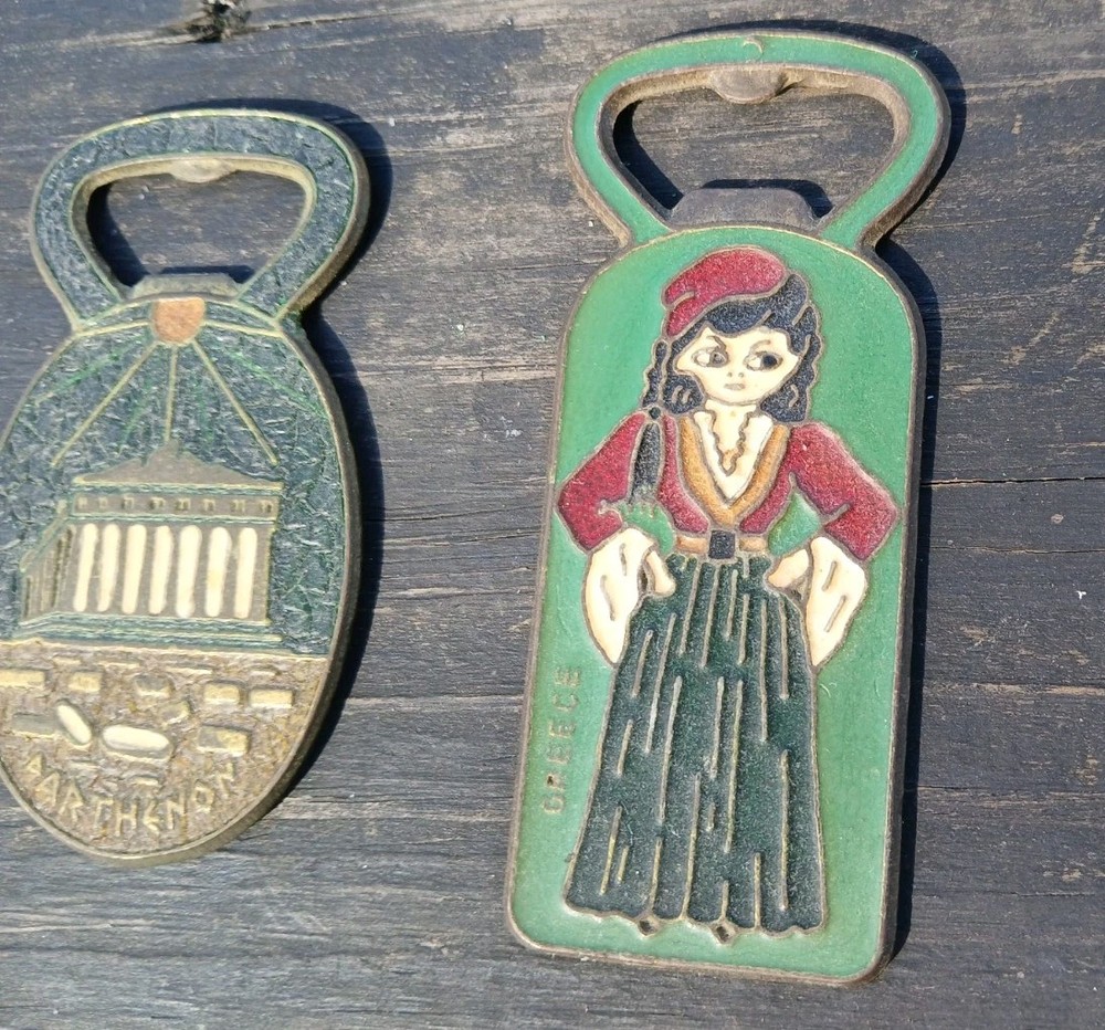 Vintage Brass Greek Bottle Openers Enamel Set Greece Collectible Pair