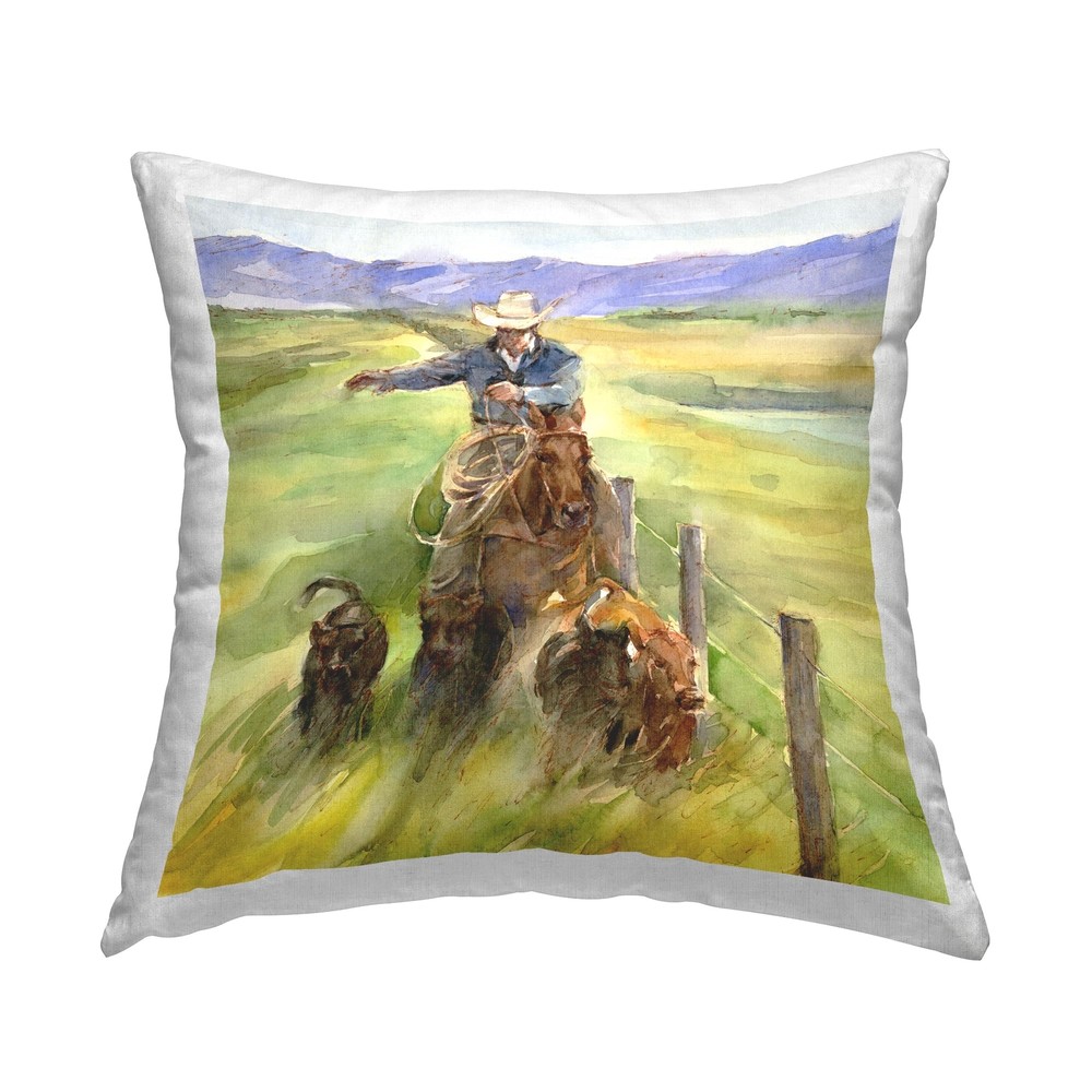 Green 18x18 Cowboy Herding Cattle Indoor Printed Throw Pillow