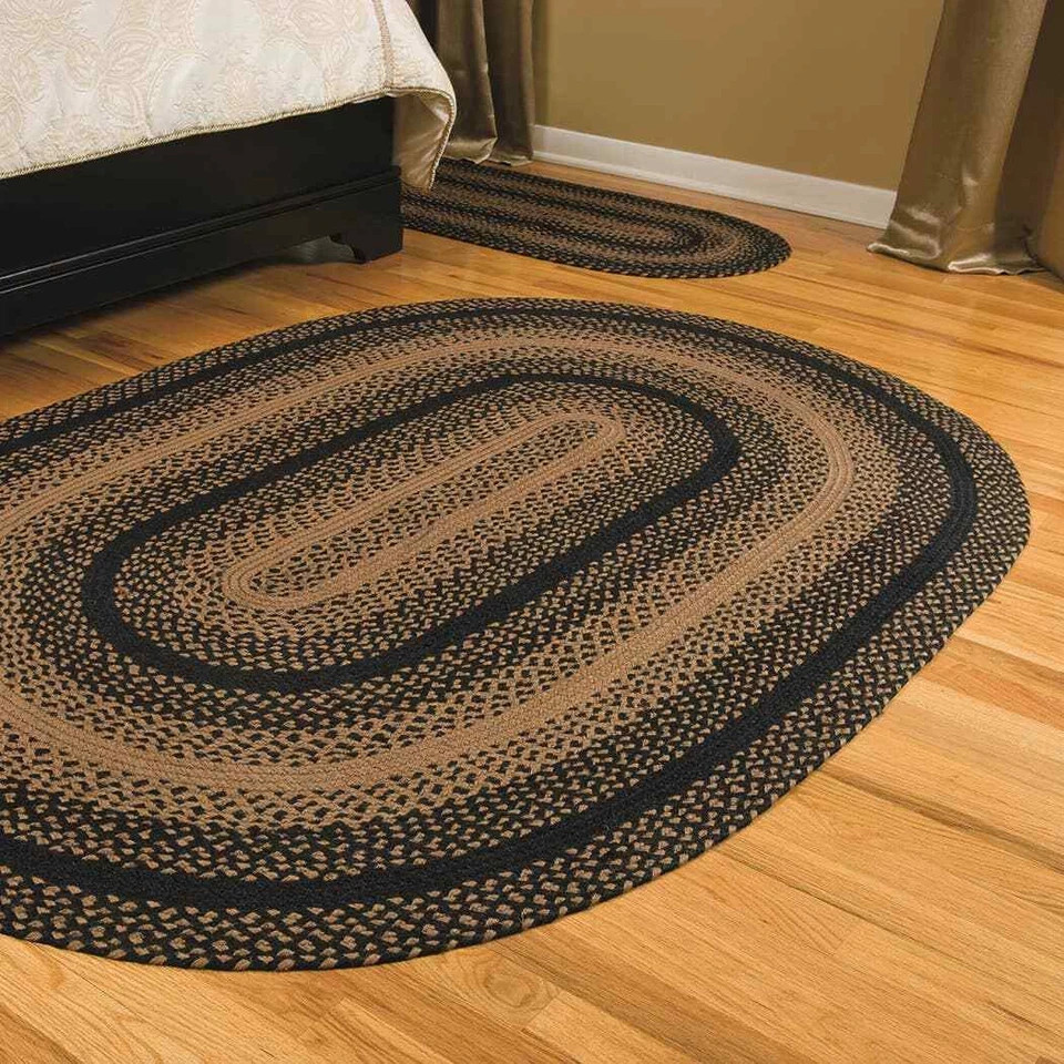 Ebony Braided Area Rug By IHF Rugs. Oval & Rectangle. Many Sizes. Black/Tan