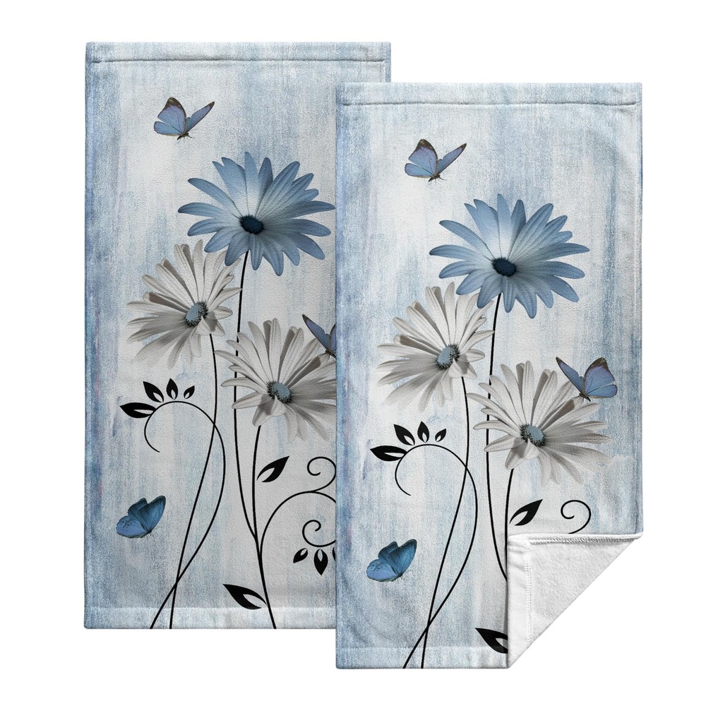 Blue and White Coreopsis Butterfly Hand Towels Set of 2 Navy Floral Design