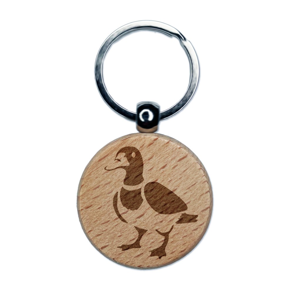 Standing Mallard Duck Engraved Wood Round Keychain Tag Charm