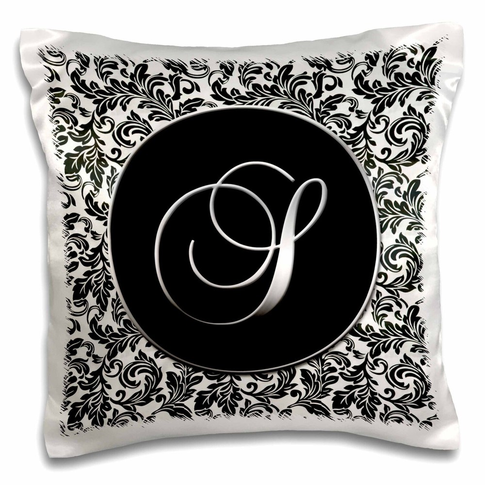 3dRose Letter S - Black and White Damask 16x16 inch Pillow Case
