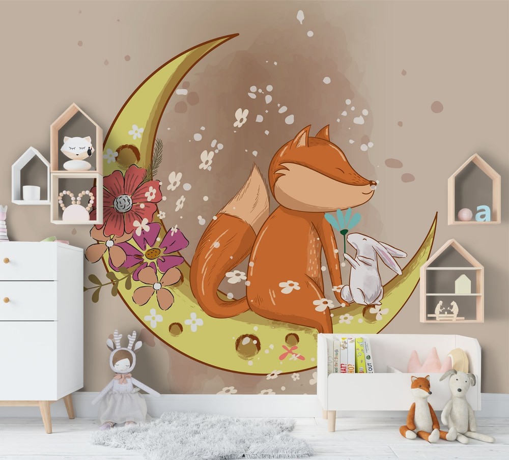 3D Moon Flower Fox Illustration Wall Murals Wallpaper Murals Wall Sticker
