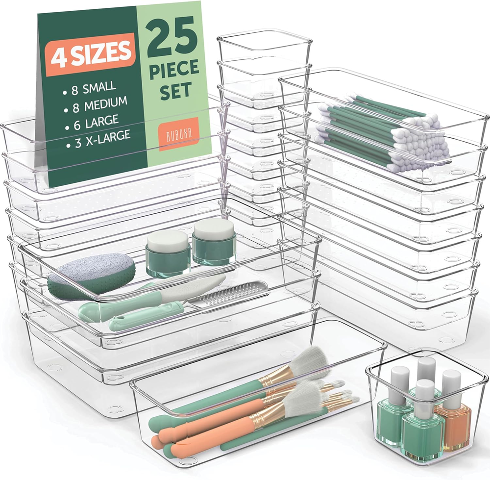 25 PCS Clear Plastic Drawer Organizers Set, 4 Sizes Clear Drawer Organizers & St