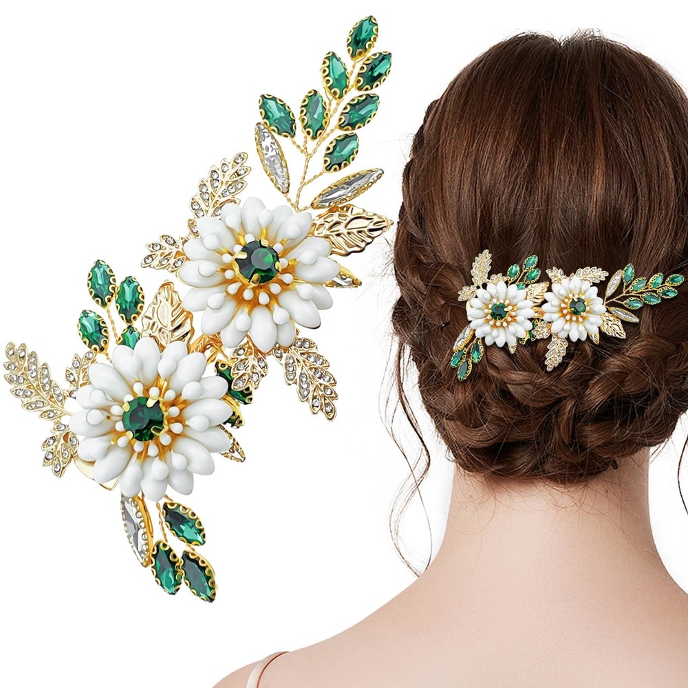 Green Crystal Gold Leaf Wedding Hair Pin with Rhinestone Flower Accent