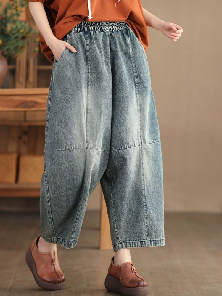 Vintage Cotton Denim Harem Pants for Women Loose Elastic Waist Retro Casual Jeans