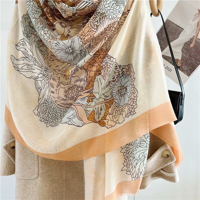 Pure 200s Cashmere Scarf Wrap Shawl Horse Flowers Thin Soft Delicate 78