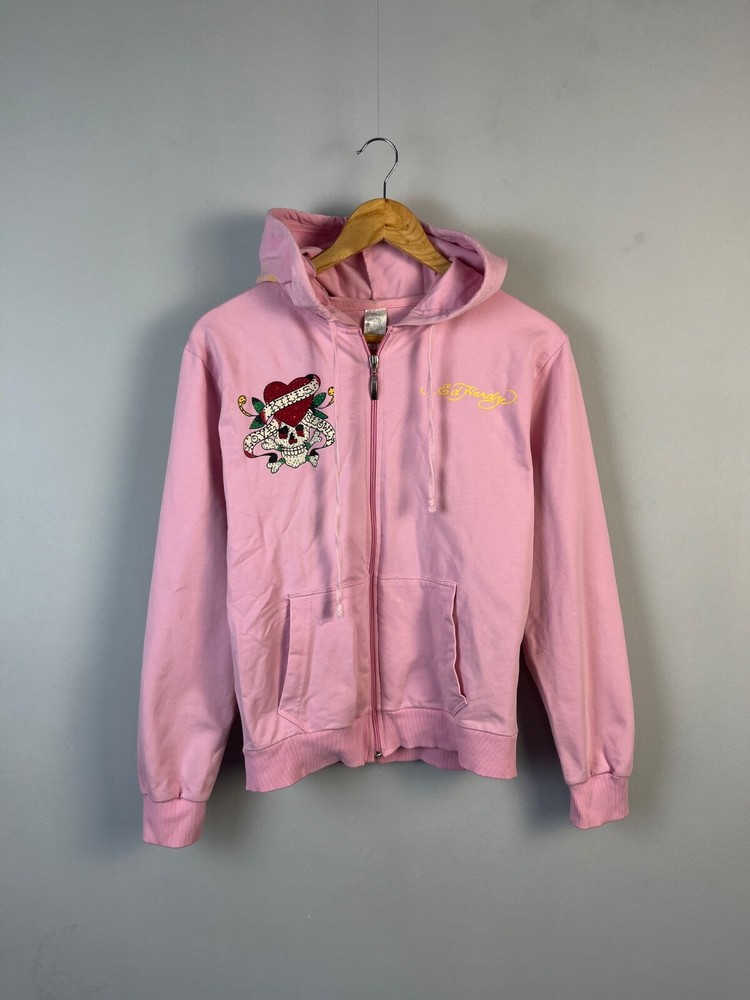 Ed Hardy Full Zip Hooded Women Pink Cotton Hoodie Made in USA Size M