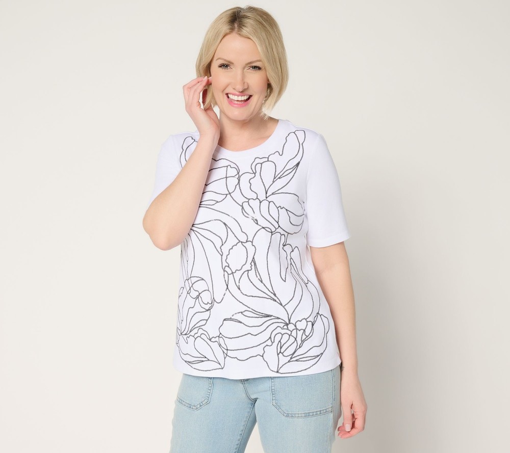 Susan Graver Women's Top Sz L Weekend Comfy Cotton Embroidered White A692164