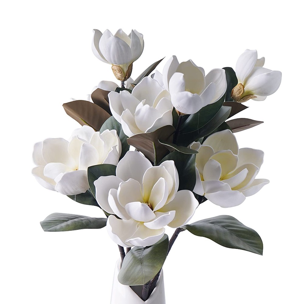MINYULUA 3Pcs 29.5in Long White Artificial Magnolia Flower Stems for Home Decor