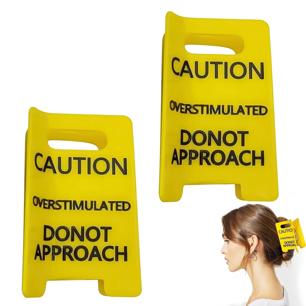 Caution Overstimulated Hair Clip, Fun Yellow Caution Sign Hair Claw Clips, Gag G
