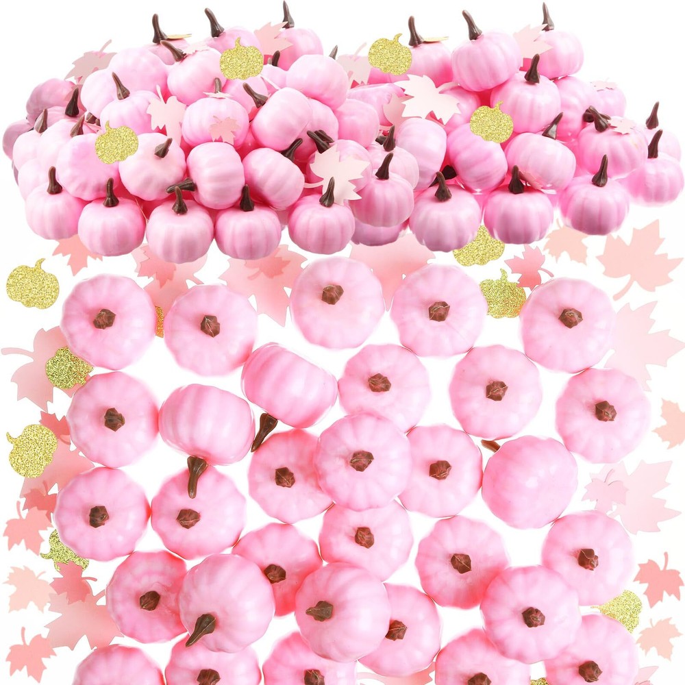 150 Pcs Artificial Pink Pumpkins Bulk Thanksgiving 50 Small Pink Foam Pumpkin...