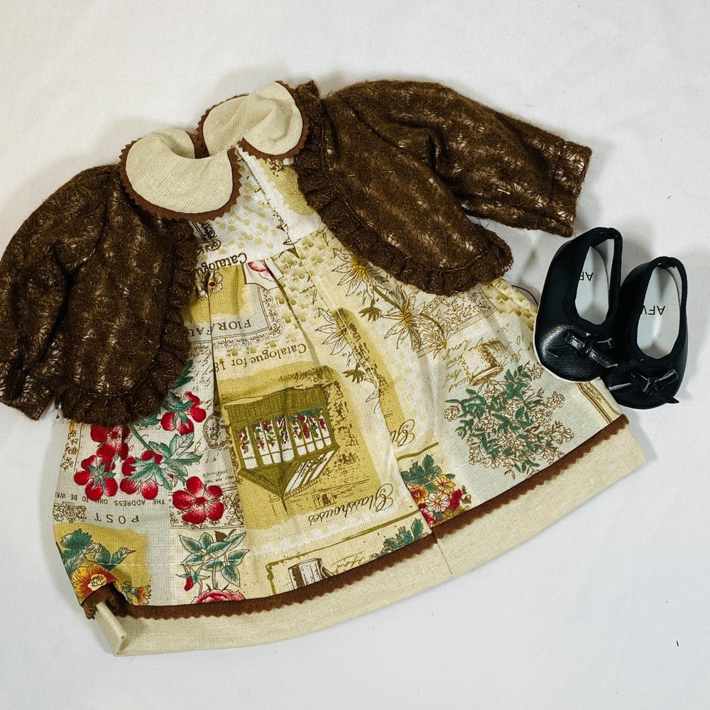 Vintage Linen Dress Brown Sweater & Shoes Outfit Set for 18