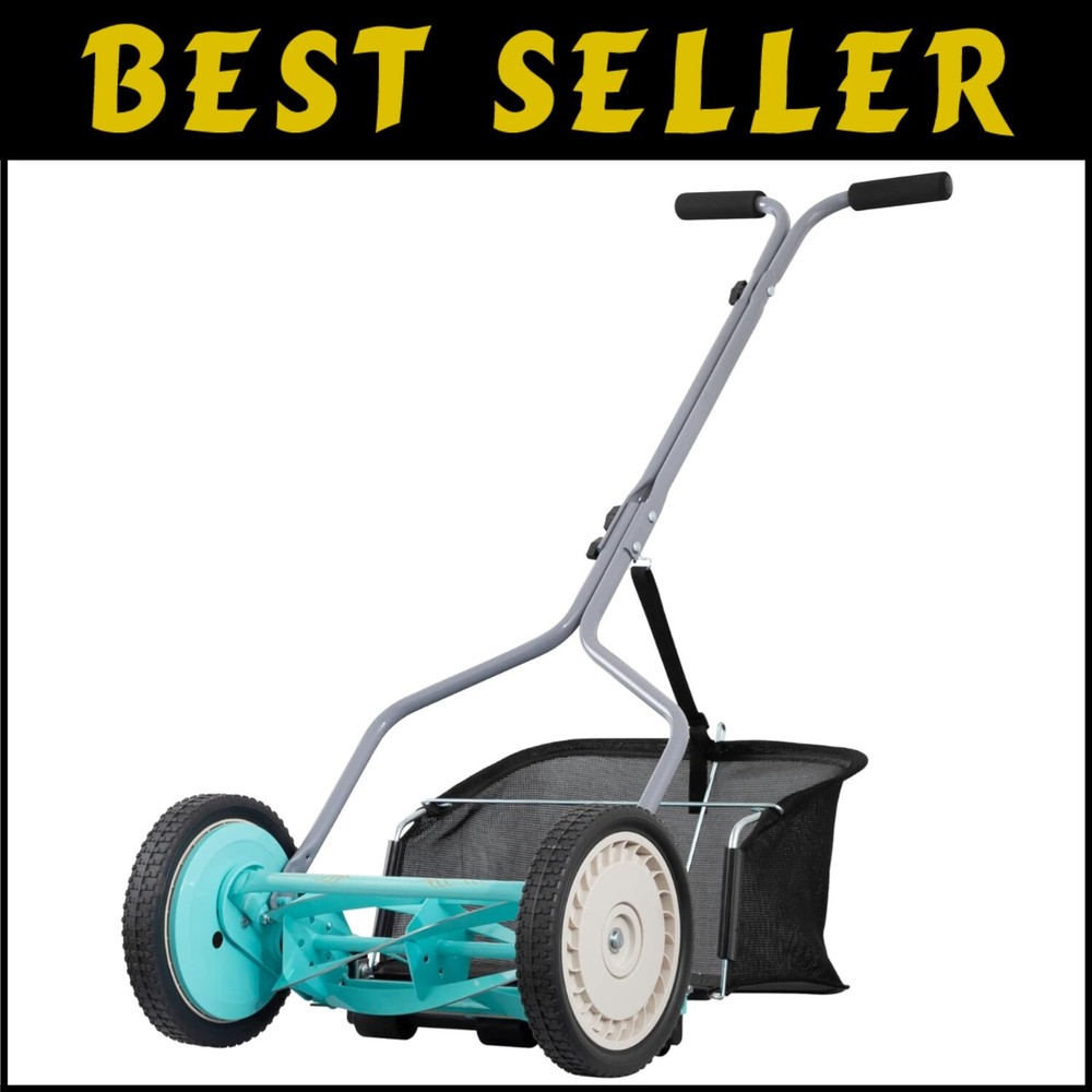 Lightweight 14-Inch 5-Blade Push Reel Lawn Mower with Adjustable Height in Mint Green