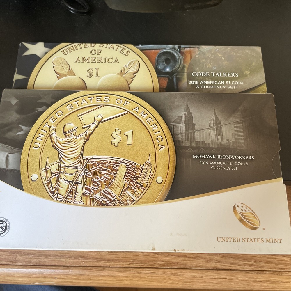 2015 And 2016 American $1 Coin And Currency Set,; Code Talkers, Iron Workers