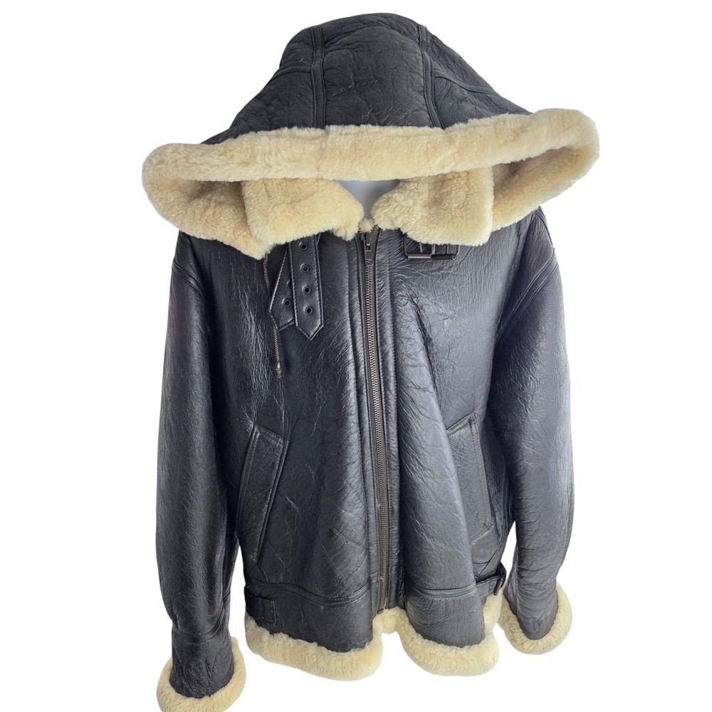 USAF Leather Shearling Sheepskin B-3 Bomber G-8 Aviator Flight Hooded Jacket 2XL