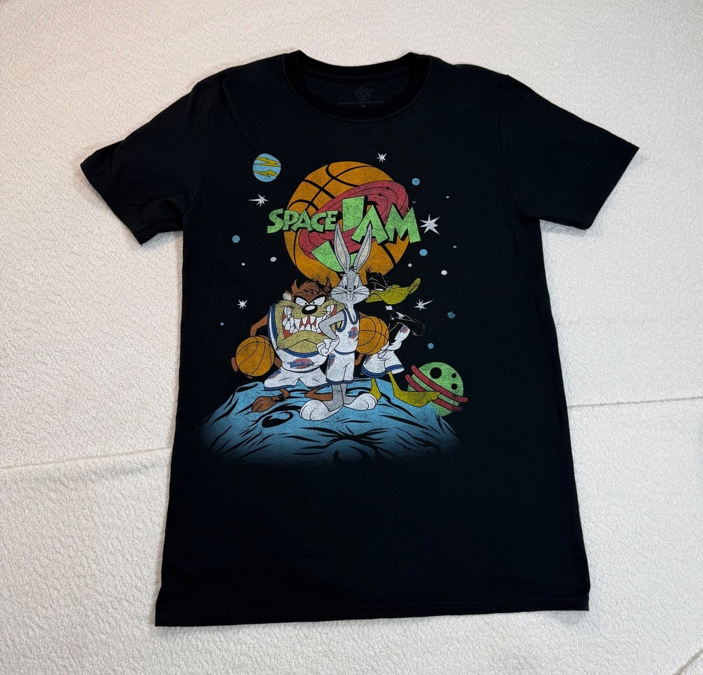 Space Jam Graphic T-Shirt Black Looney Tunes Size M Vintage