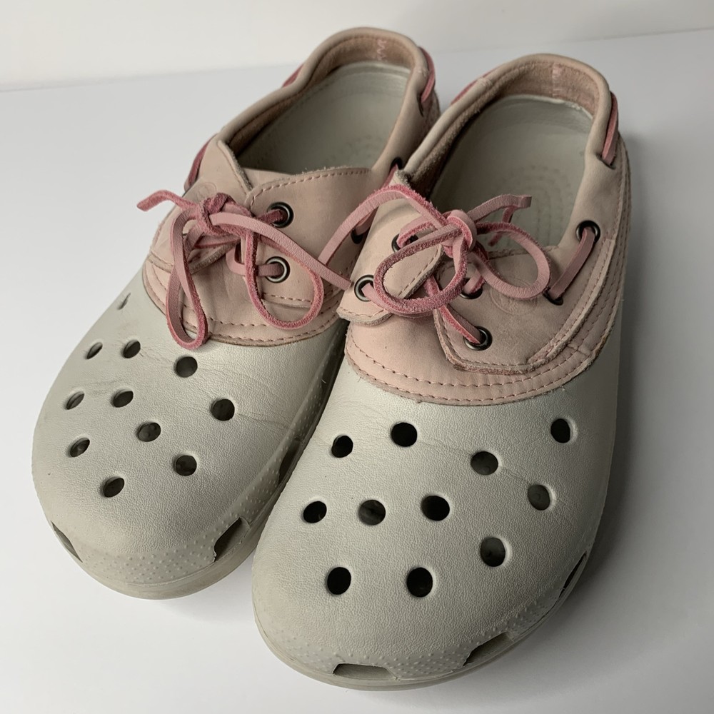 Women's Crocs Islander Boat Shoes Size 10 - Pink & White Leather Lace-Up Comfort