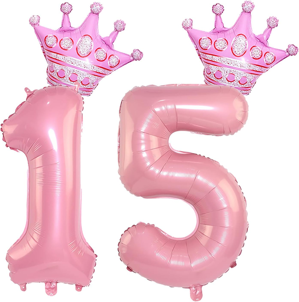 40 Inch Pink Crown Number 15 Balloons, 15Th Birthday Balloons for Men Women, Pin