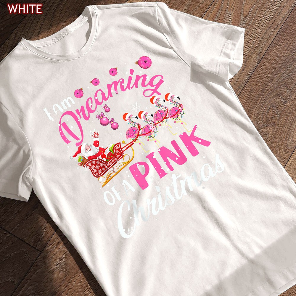 Dreaming of Xmas with Pink Santa Flamingo Tee, Merry Xmas Sleigh T-Shirt Gift