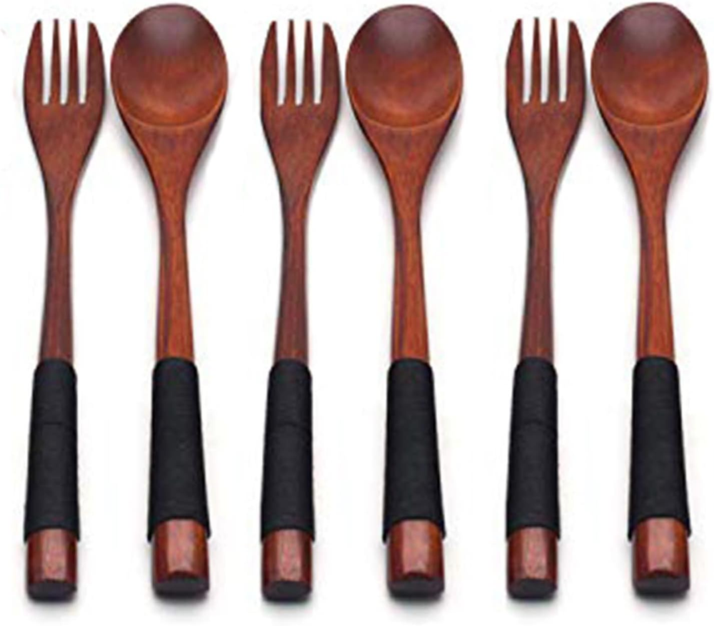 Wooden 9 Inch Japanese Spoon Fork Set Kitchen Tableware Dinnerware Flatware Natu
