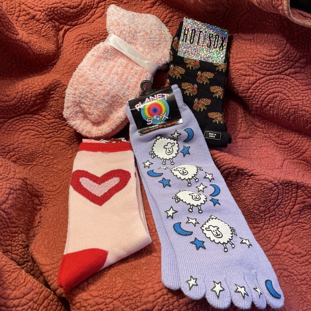 4 Pairs Printed Novelty Socks, Turkey, Heart, Striped & Sheep/Moon toe socks