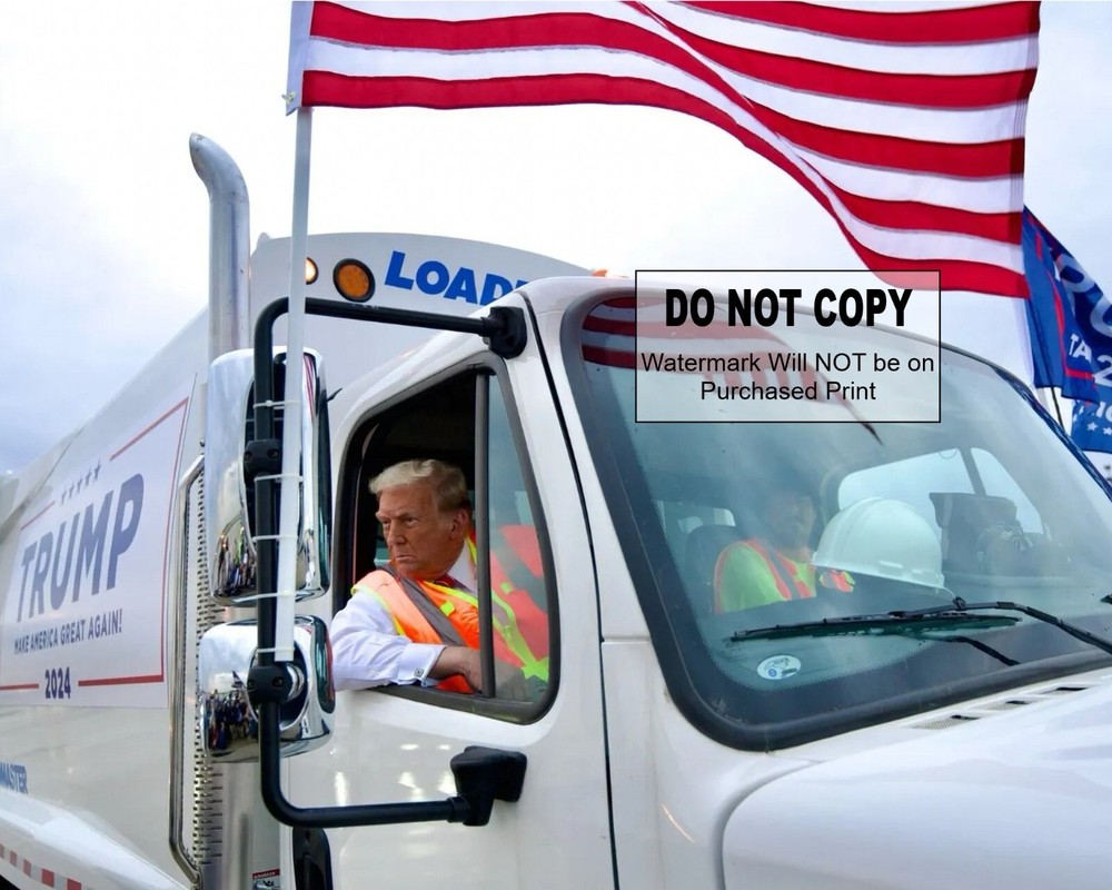 Donald Trump in Trash Truck - Garbage Truck - Fist Up MAGA - 8X10 PHOTO (#1060)